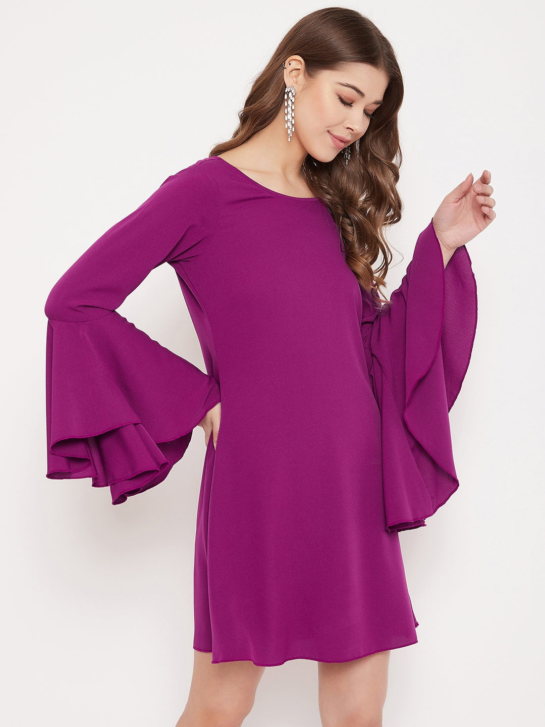 Solid Purple Bell Sleeves A-Line Mini Dress